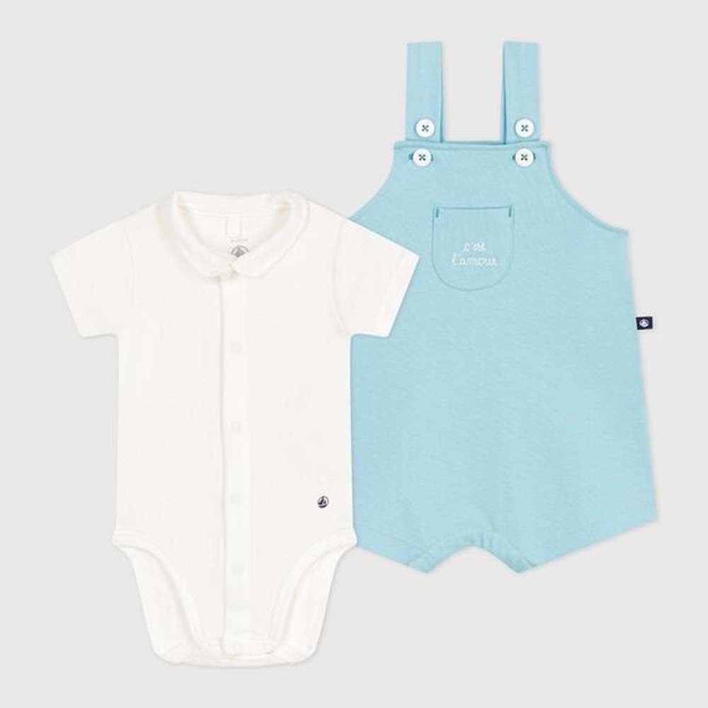 Petit Bateau Katoenen Geboortesetje Met Salopette En Body - Blauw/C’est l’amour