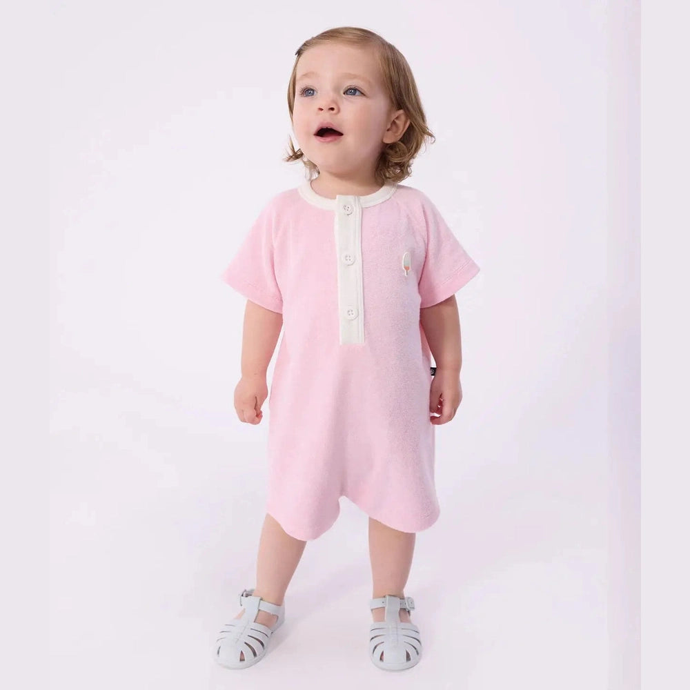 Combinaison courte en coton uni pour bébé - Rose