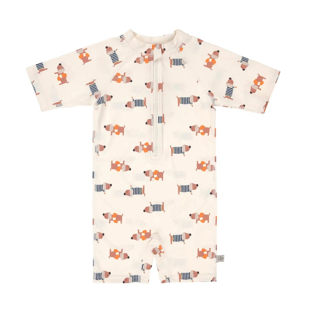 Lässig Kinderzwempak met Korte Mouwen UV-bescherming - Beige met hondjesprint