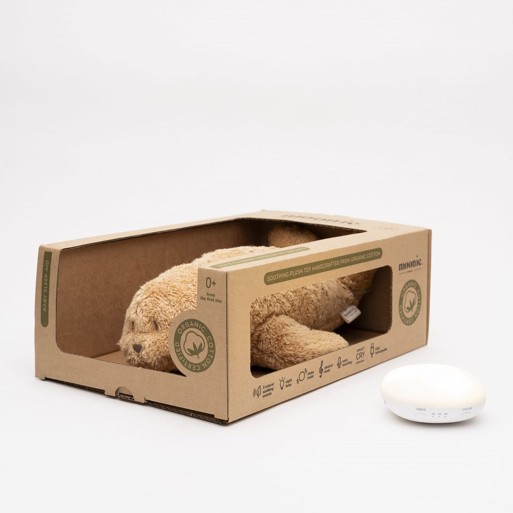 Moonie Knuffel - The Humming Seal Organic 2.0 - Cappuccino Natur | Witte Ruis Zeehond Met Lichtje