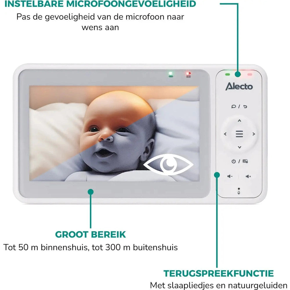 Babyphone Alecto avec caméra - Pro Collection - caméra HD - grand écran 5 pouces - télécommandé - extensible jusqu'à 4 caméras - veilleuse - DVM2050 - blanc