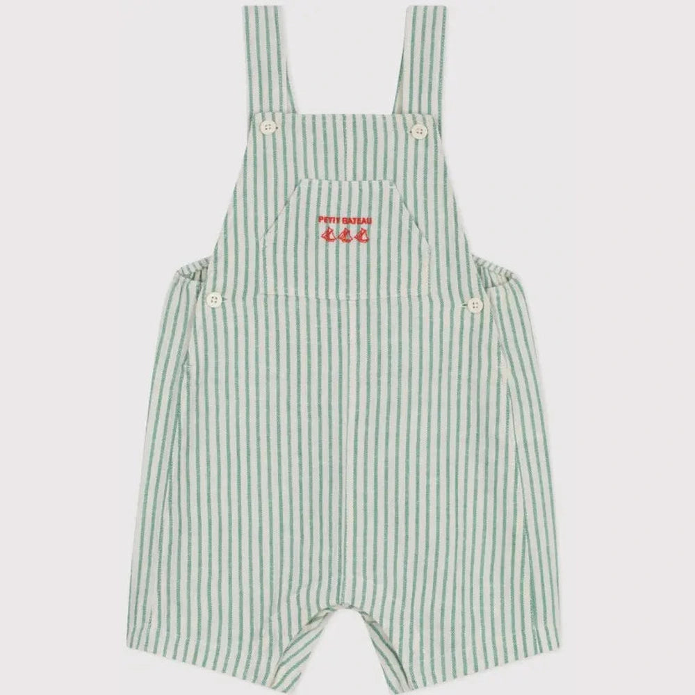 Petit Bateau Salopette courte rayée en coton/lin pour bébé - vert rayé
