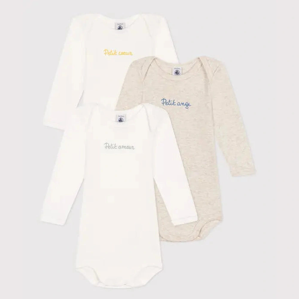 Petit Bateau Setje Met 3 Katoenen Body's Met Lange Mouw En Opschrift Voor Baby's