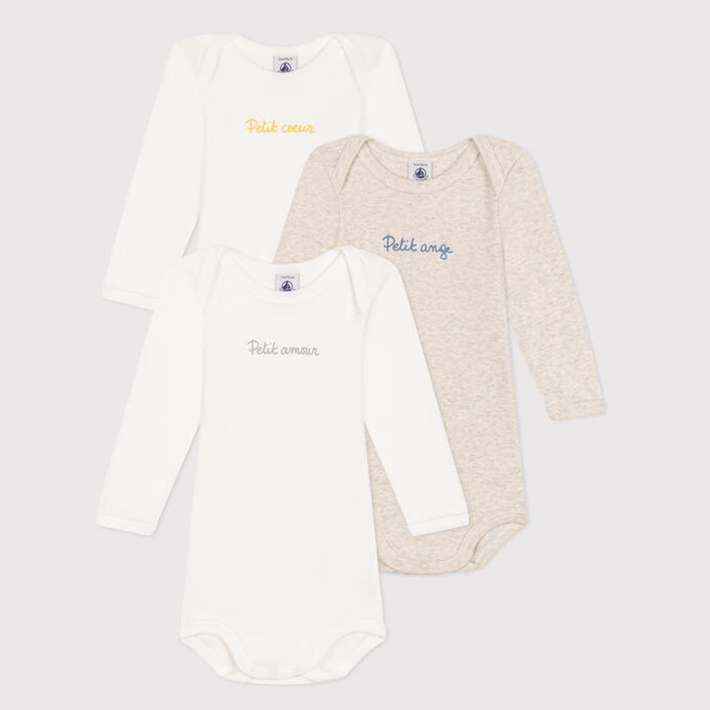 Petit Bateau Setje Met 3 Katoenen Body's Met Lange Mouw En Opschrift Voor Baby's