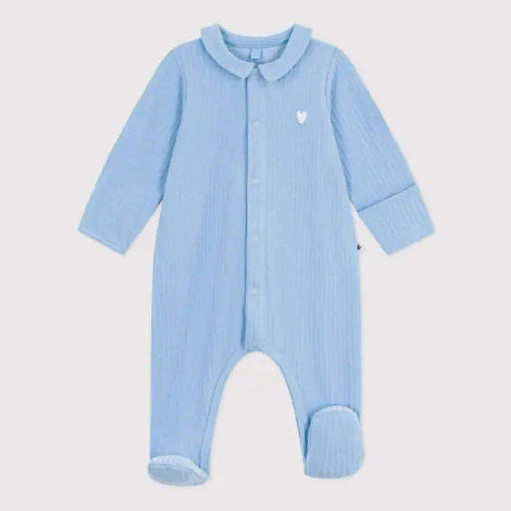 Petit Bateau Fluwelen babypyjama met effen kraag - Blauw