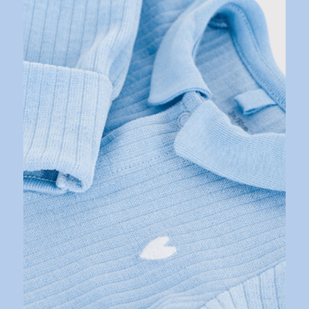 Petit Bateau Fluwelen babypyjama met effen kraag - Blauw