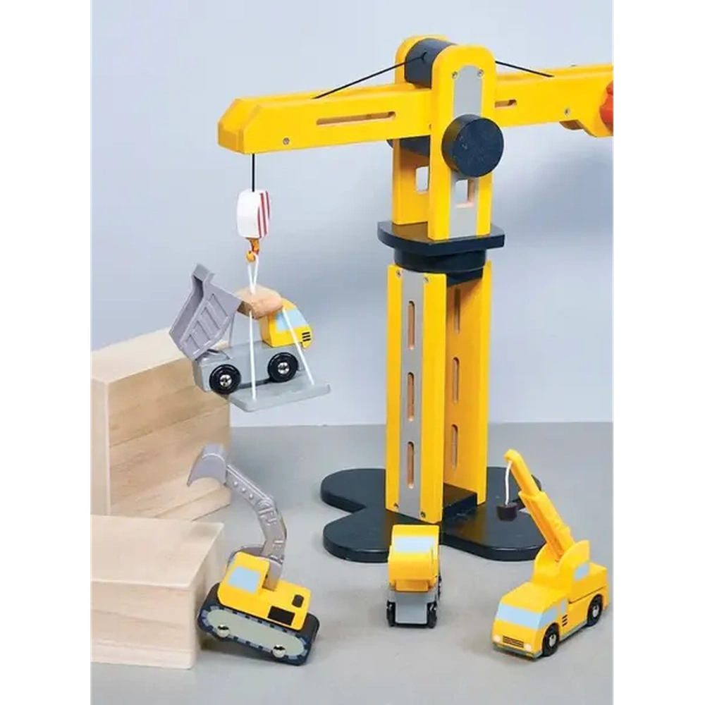 Mentari Set de jeu grue avec 2 véhicules de chantier en bois