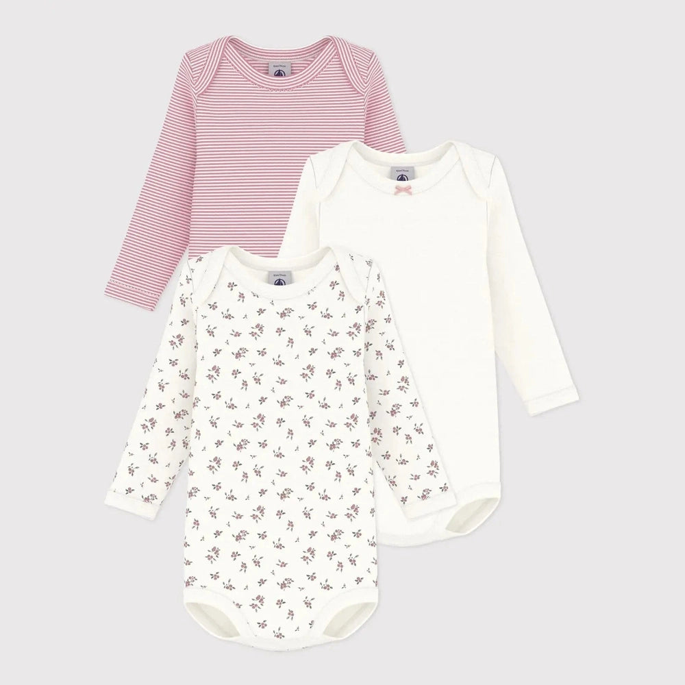 Petit Bateau 3 bodies à encolure américaine, manches longues - Multicolore