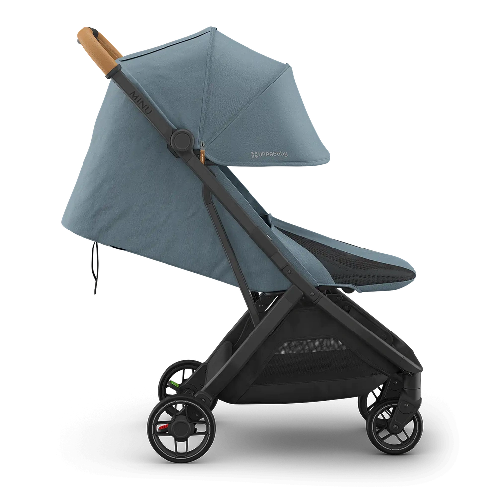 Uppababy Minu V3 Compact Stroller Dillan Stone Blue Carbon Frame Met Zandbruin Leer