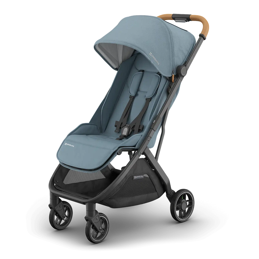 Uppababy Minu V3 Compact Stroller Dillan Stone Blue Carbon Frame Met Zandbruin Leer
