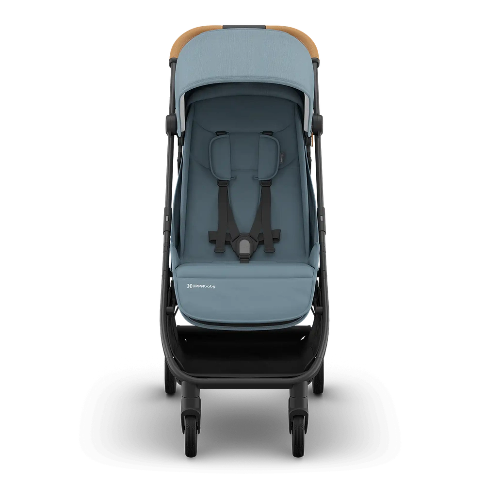 Uppababy Minu V3 Compact Stroller Dillan Stone Blue Carbon Frame Met Zandbruin Leer