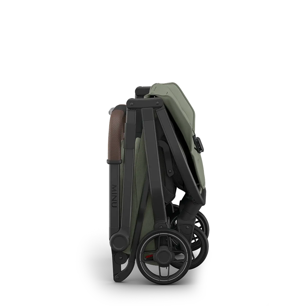 Uppababy Minu V3 Compact Stroller Evelyn Meadow Green Carbon Frame Met Kastanje Bruin Leer