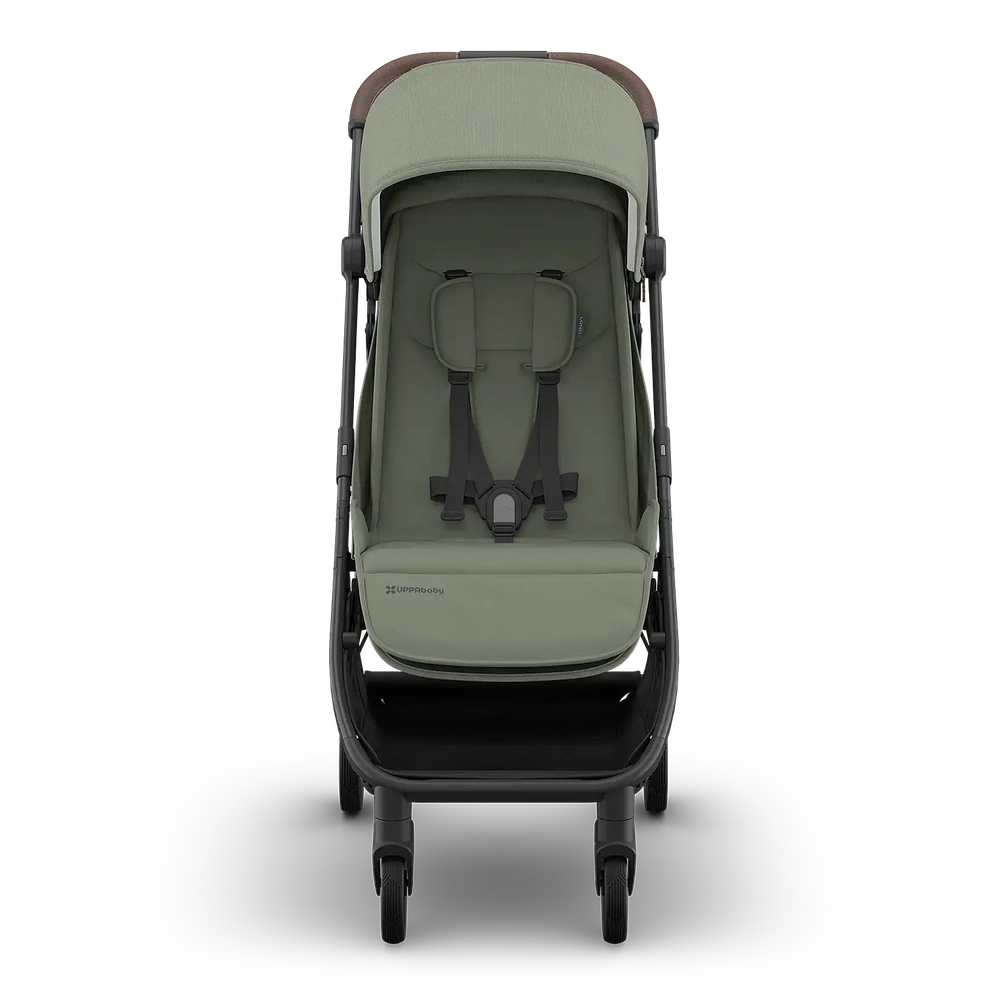 Uppababy Minu V3 Compact Stroller Evelyn Meadow Green Carbon Frame Met Kastanje Bruin Leer