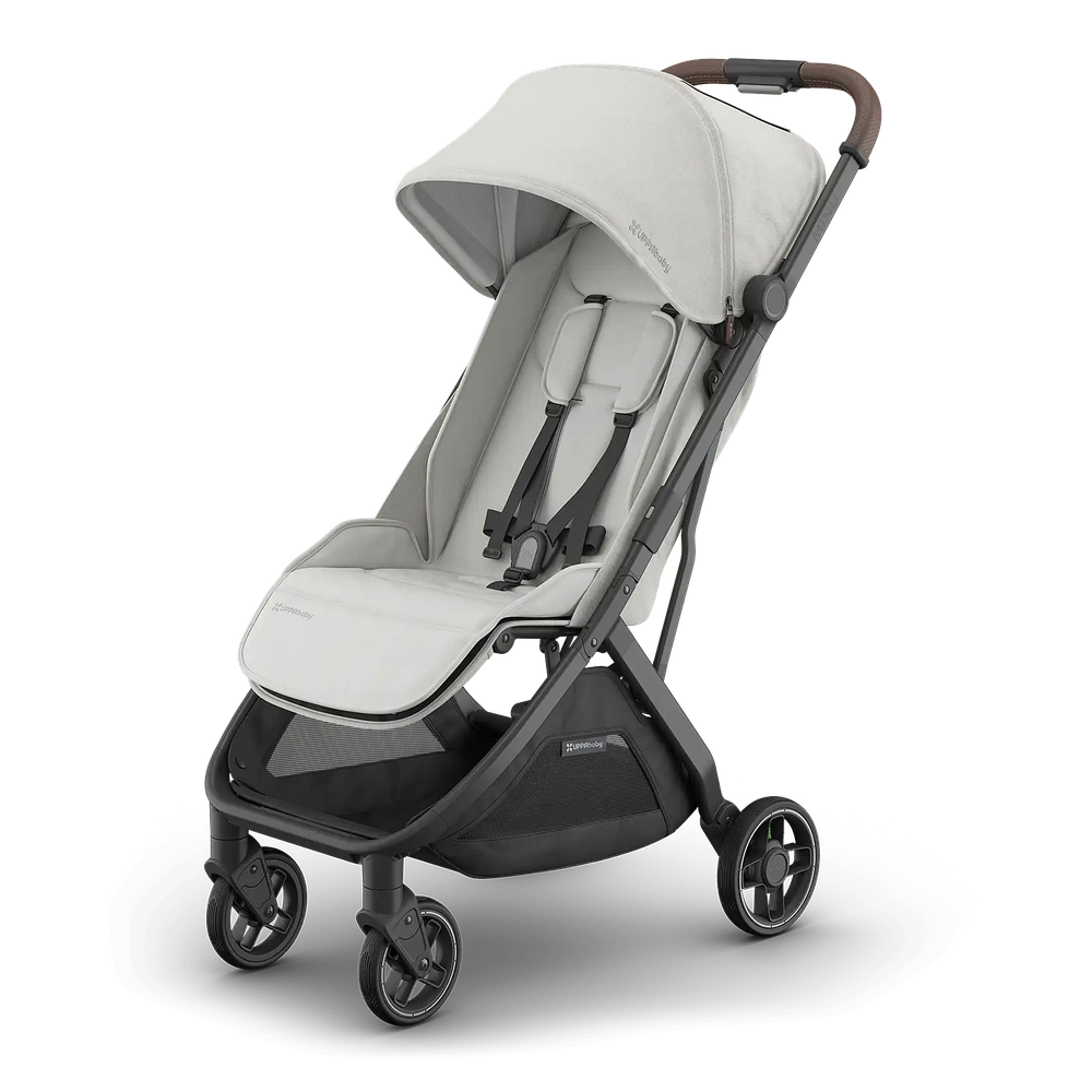 Uppababy Minu V3 Compact Stroller Savannah Pearl Gray Jacquard Carbon Frame Met Kastanje Bruin Leer