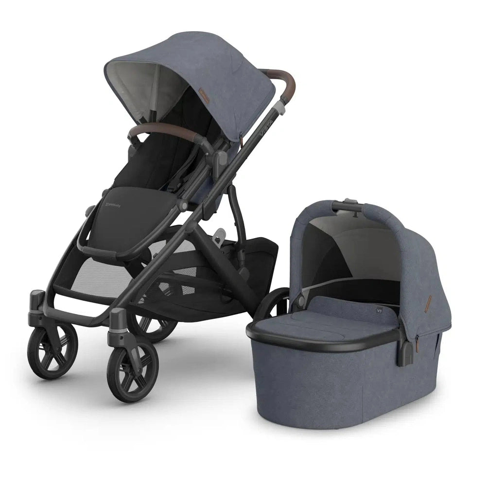 Uppababy Vista V3 poussette Julian - Dusty Blue Mélange - cadre carbone avec cuir brun châtaigne