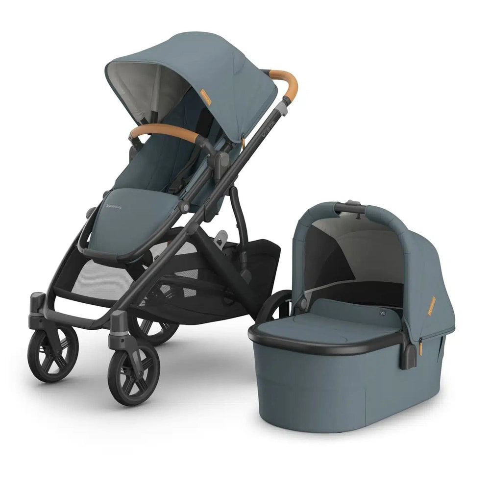 Uppababy Vista V3 Kinderwagen Dillan - Stone Blue - Carbon Frame Met Zand Bruin Leer