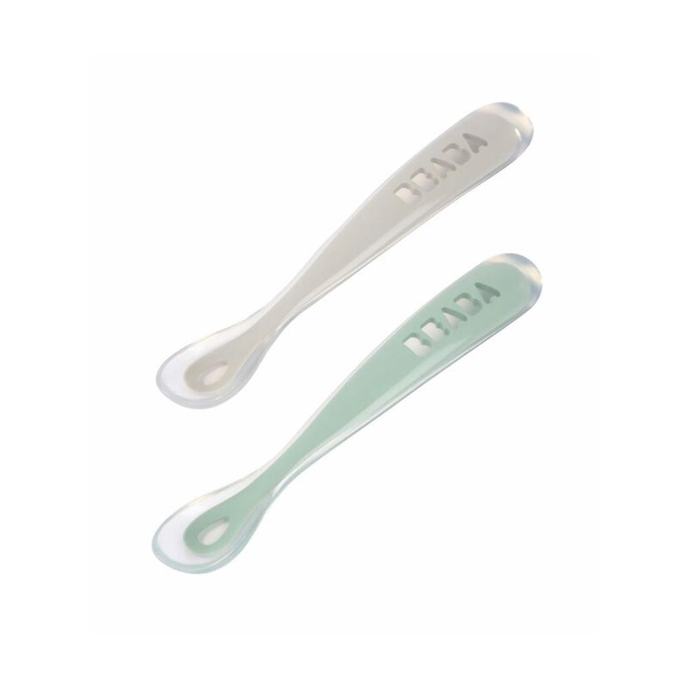 Béaba Set Van 2 Siliconen Babylepels + Opbergdoosje velvet grey / sage green