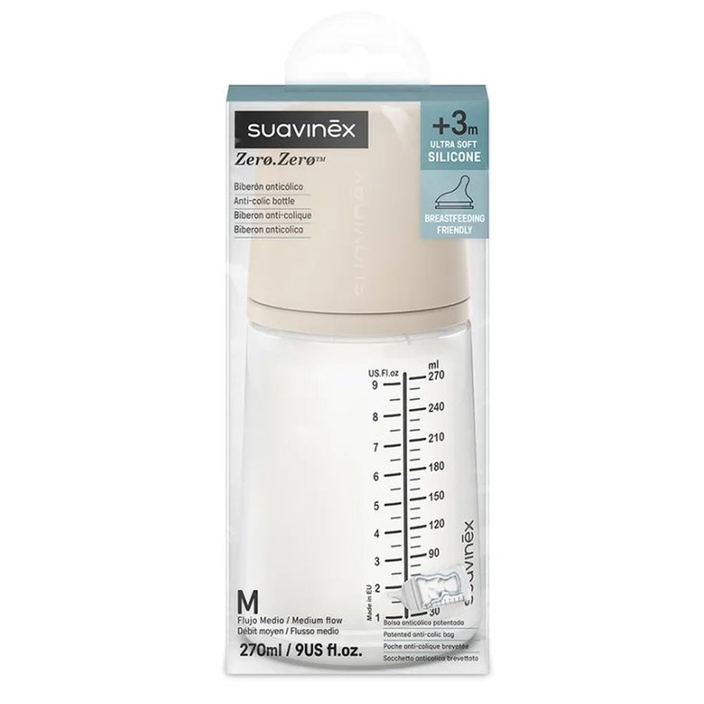 Suavinex - Anti-Koliek Zero.Zero Zuigfles - Medium Flow M - 270ml - +3m - Sand